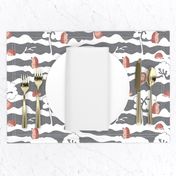 hedges with hogs - hedgehogs in pinkish red on grey