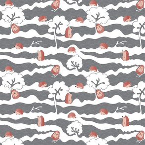 hedges with hogs - hedgehogs in pinkish red on grey