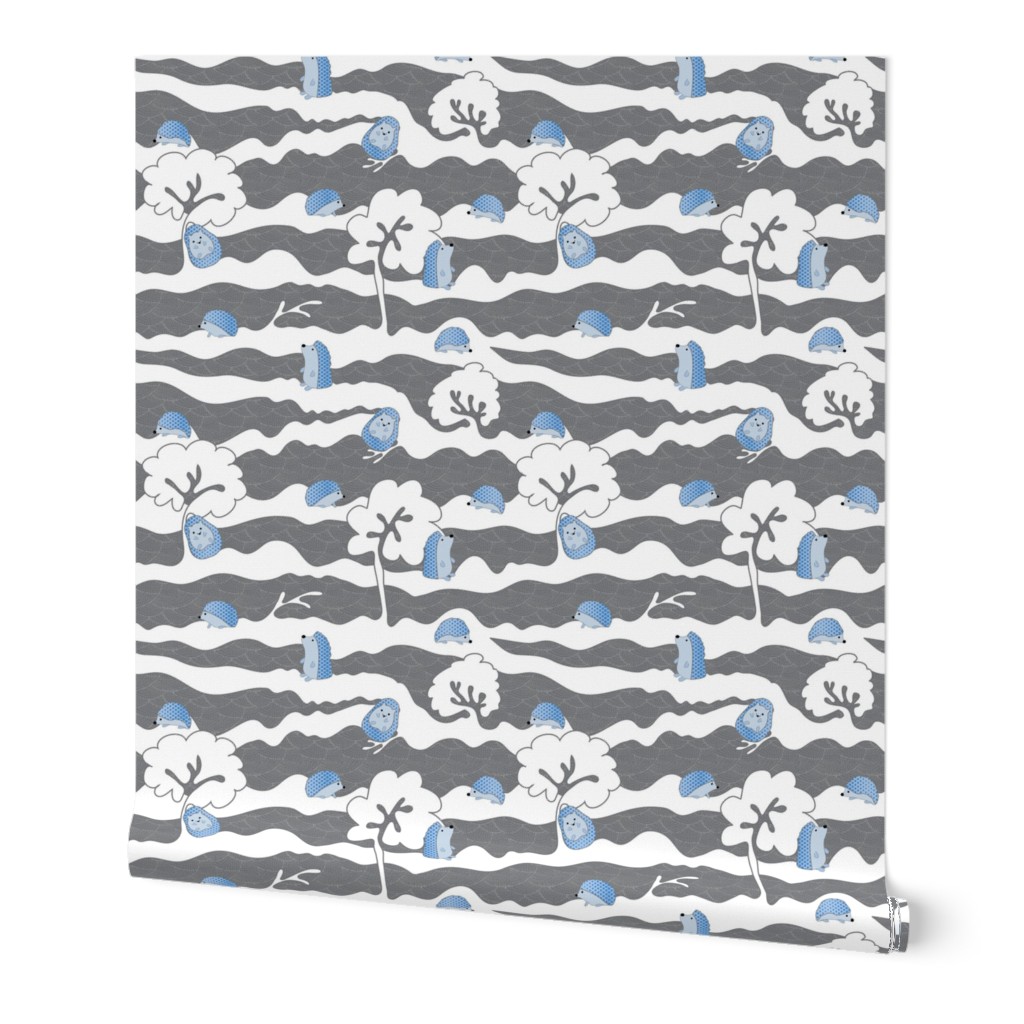 hedges with hogs - hedgehogs in blue on grey