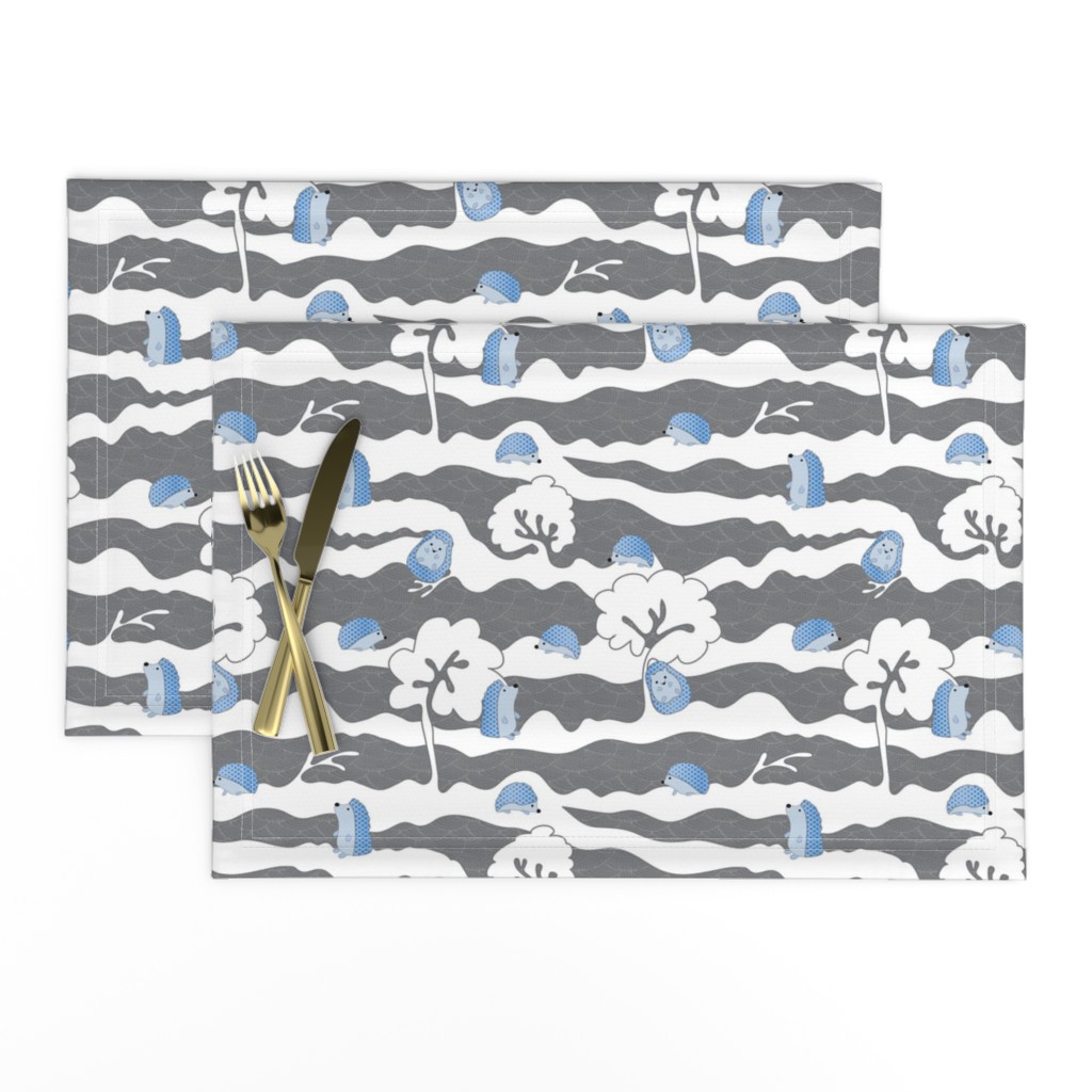 hedges with hogs - hedgehogs in blue on grey