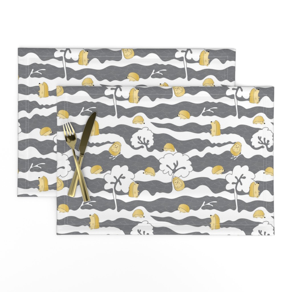 hedges with hogs - hedgehogs in yellow on grey