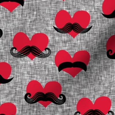 mustache hearts - Valentine's Day fabric (med grey) C18BS