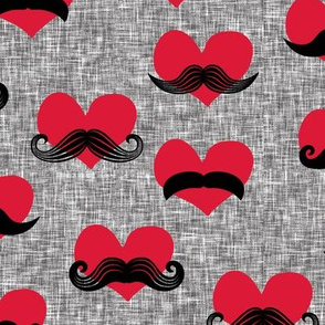 mustache hearts - Valentine's Day fabric (med grey) C18BS