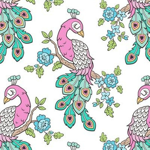 Peacock Bird with Flowers Pink on White