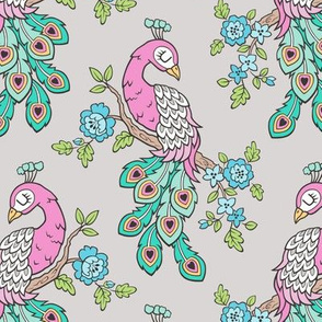 Peacock Bird with Flowers Pink on Light Grey