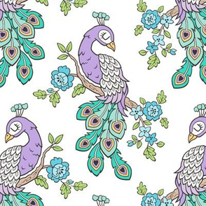 Peacock Bird Purple Lilac with Blue Flowers