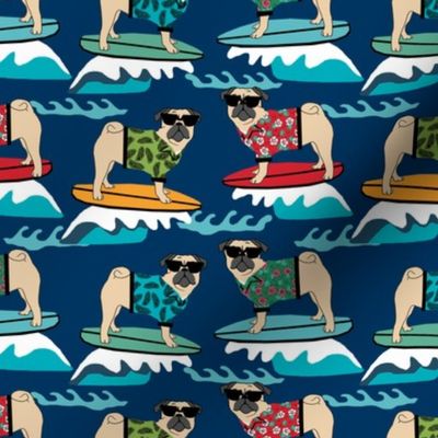 pug surfing dog breed fabric navy
