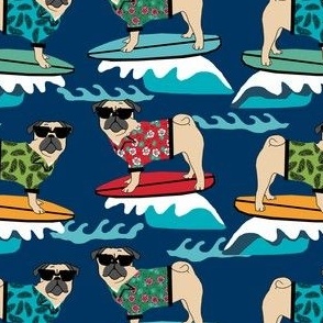 pug surfing dog breed fabric navy