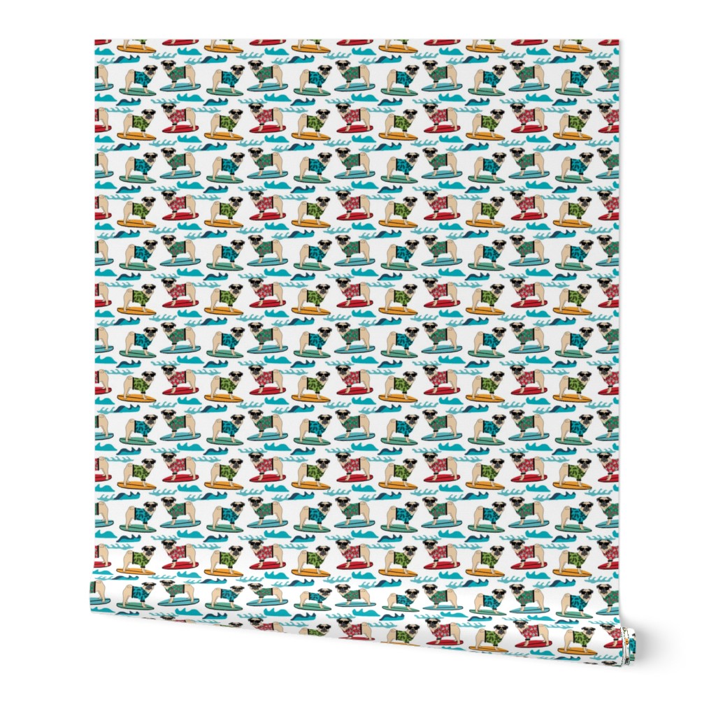 pug surfing dog breed fabric white