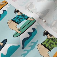 pug surfing dog breed fabric blue