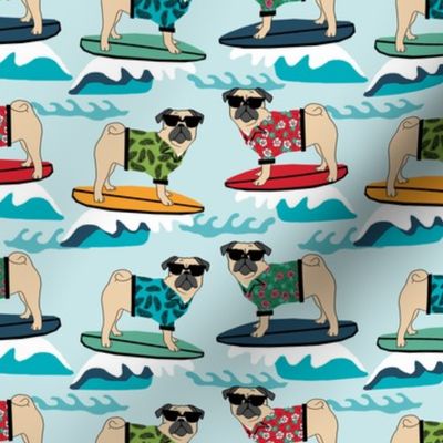 pug surfing dog breed fabric blue