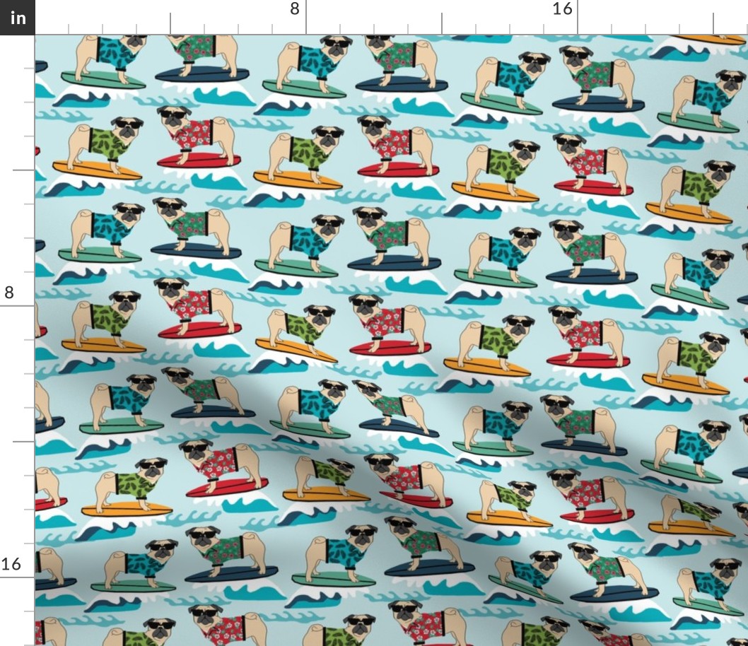 pug surfing dog breed fabric blue