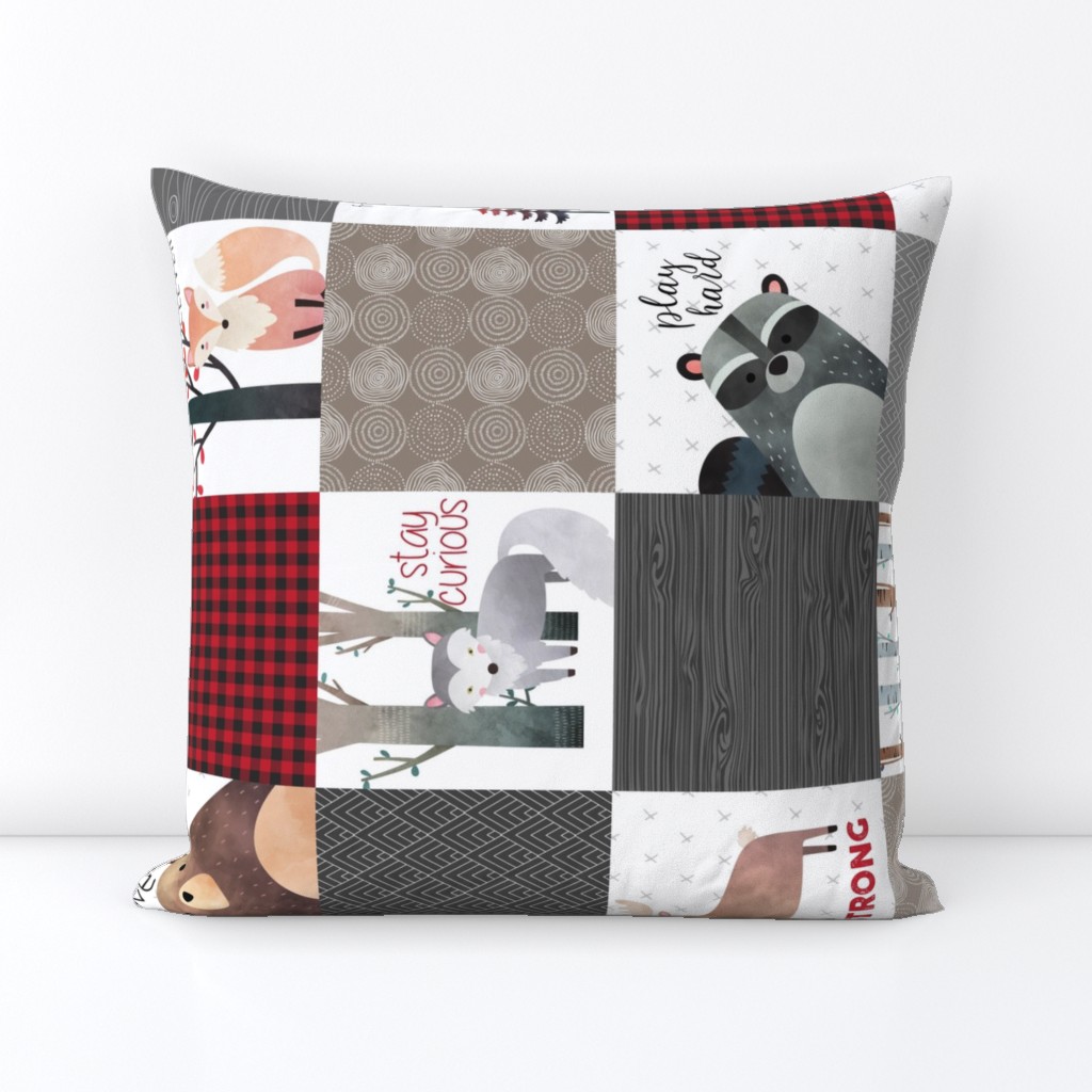 Woodland Critters Patchwork Quilt (rotated) - Bear Moose Fox Raccoon Wolf, Red, Gray & Brown Design GingerLous