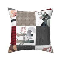 Woodland Critters Patchwork Quilt (rotated) - Bear Moose Fox Raccoon Wolf, Red, Gray & Brown Design GingerLous