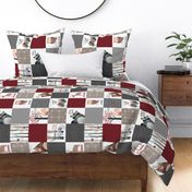 Woodland Critters Patchwork Quilt (rotated) - Bear Moose Fox Raccoon Wolf, Red, Gray & Brown Design GingerLous