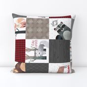 Woodland Critters Patchwork Quilt (rotated) - Bear Moose Fox Raccoon Wolf, Red, Gray & Brown Design GingerLous