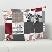 Woodland Critters Patchwork Quilt (rotated) - Bear Moose Fox Raccoon Wolf, Red, Gray & Brown Design GingerLous