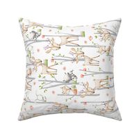 Sweet Woodland Animals (rotated) - Deer Fox Raccoon Birch Trees Flowers Baby Girl Nursery Blanket Sheets Bedding A