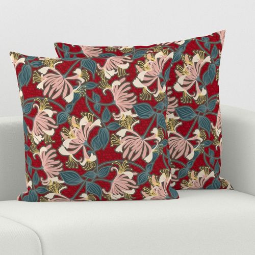 HONEYSUCKLE FLORAL - red with light peach and teal green