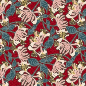 HONEYSUCKLE FLORAL - red with light peach and teal green