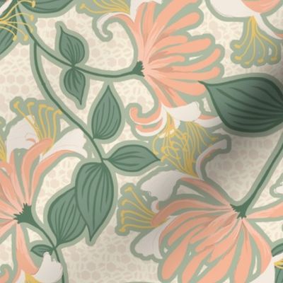 F1054_HONEYSUCKLE FLORAL - ivory cream with soft coral peach and green