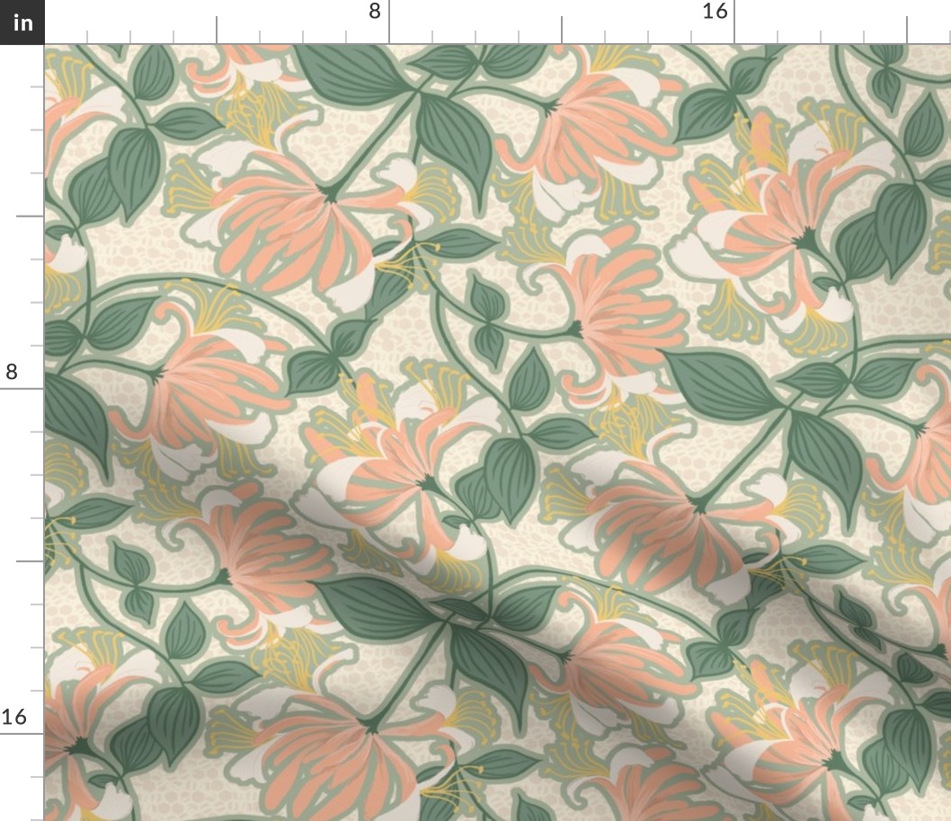 F1054_HONEYSUCKLE FLORAL - ivory cream with soft coral peach and green