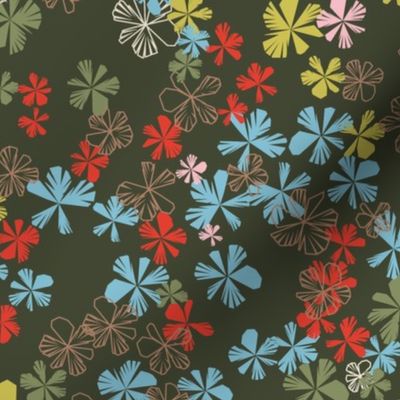 maxiflora ditsy floral in rifle green with celery, light blue and grenadine red-orange