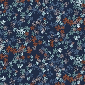 maxiflora ditsy floral in pageant blue with sky and mineral blues, cafe cream and gingerbread brown
