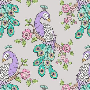 Peacock Bird with Flowers Purple Lilac on Light Grey