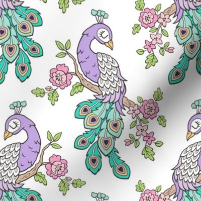 Peacock Bird with Flowers Purple Lilac on White