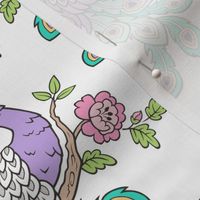 Peacock Bird with Flowers Purple Lilac on White