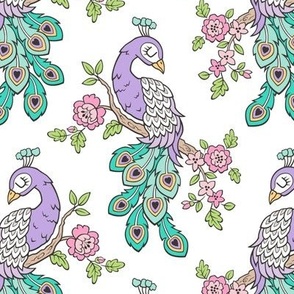 Peacock Bird with Flowers Purple Lilac on White