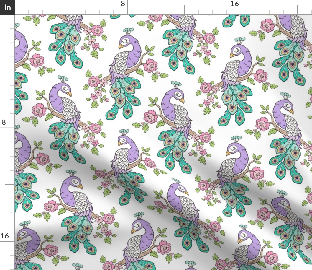 Peacock Bird with Flowers Purple Lilac on White
