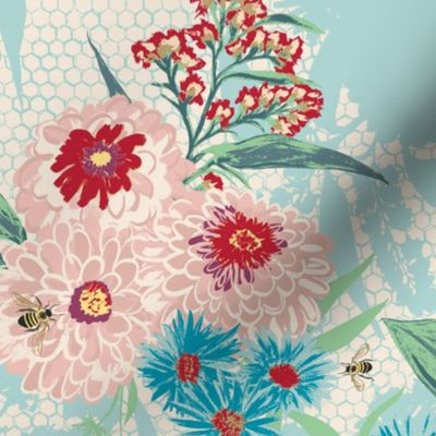 Bee Bouquet Floral - Eggshell blue and red