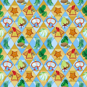 Tropical leaves, seashells and starfish with swimming equipment on the background of triangles in beach shades.   