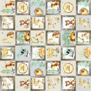 3" BLOCKS- Woodland Adventure Patchwork Quilt (rotated) - Moose Fox Deer Bear Hedgehog Squirrel Raccoon - Grey + Cream Blanket Design