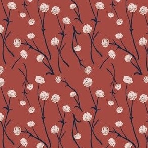 Flowers and Stems, Light Rose and Navy on Red