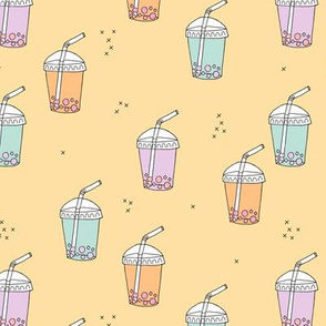 Bubble tea Japanese kawaii trend pastel cups to go yellow pink