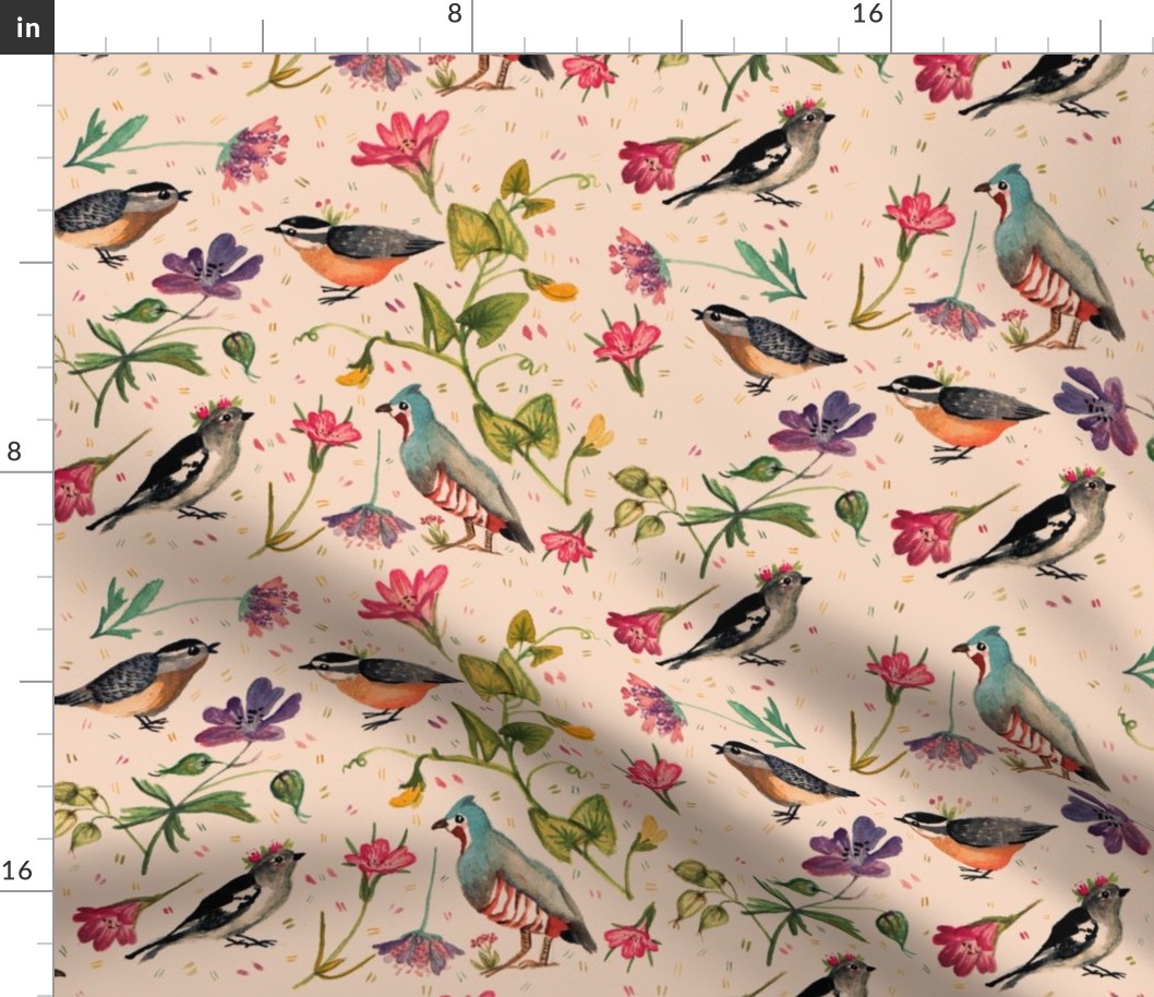 Birds and wildflowers pinky - small scale