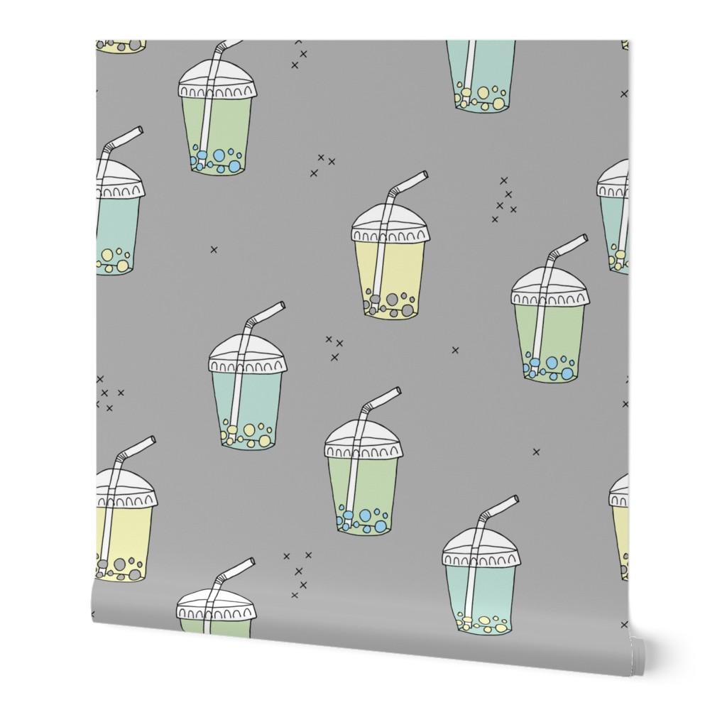 Bubble tea Japanese kawaii trend pastel cups to go gray blue jumbo