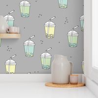 Bubble tea Japanese kawaii trend pastel cups to go gray blue jumbo