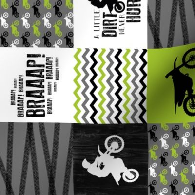 3 inch Motocross//A little Dirt Never Hurt - Lime - Wholecloth Cheater Quilt - Rotated