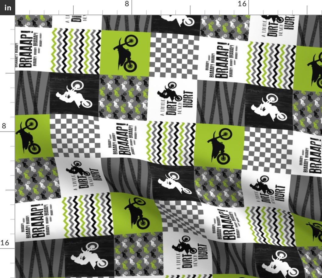 3 inch Motocross//A little Dirt Never Hurt - Lime - Wholecloth Cheater Quilt - Rotated