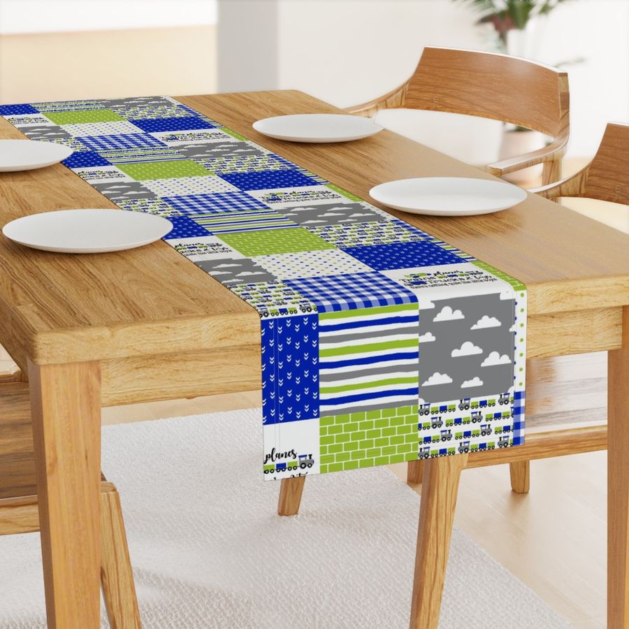 Planes, Trains, Trucks & Toys - Royal Blue/Lime - Wholecloth Cheater Quilt