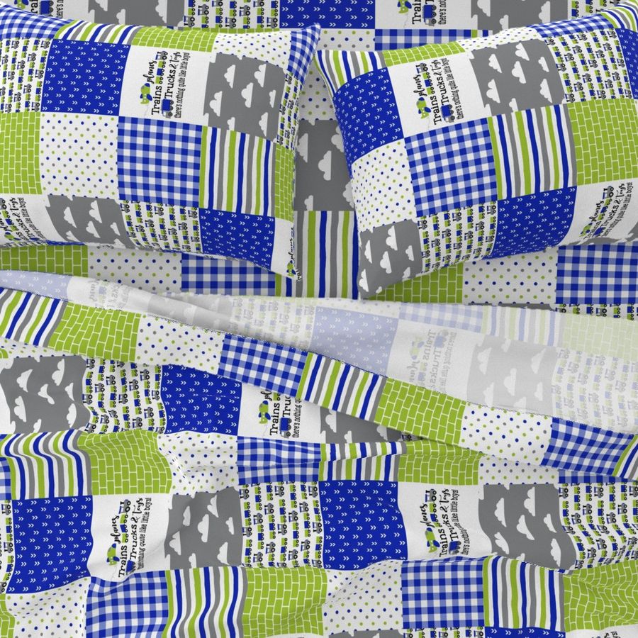 Planes, Trains, Trucks & Toys - Royal Blue/Lime - Wholecloth Cheater Quilt - Rotated