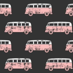 retro van - camping - surfing - pink on grey