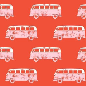 retro van - camping - surfing - pink on red
