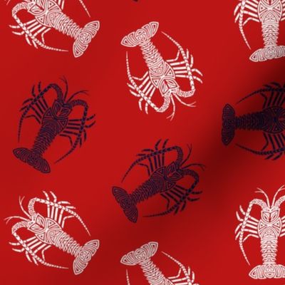Spiny Lobsters Navy and White on Red