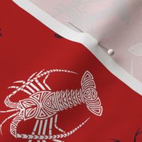 Spiny Lobsters Navy and White on Red