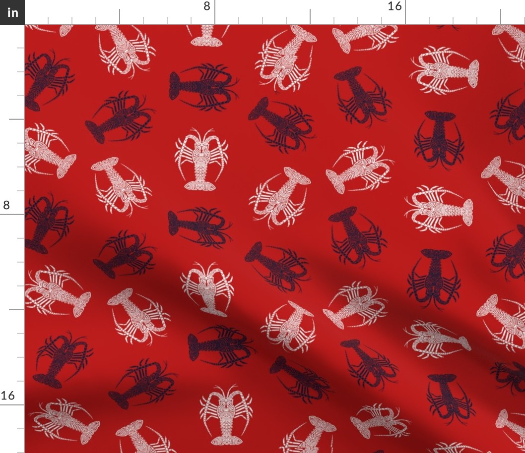 Spiny Lobsters Navy and White on Red